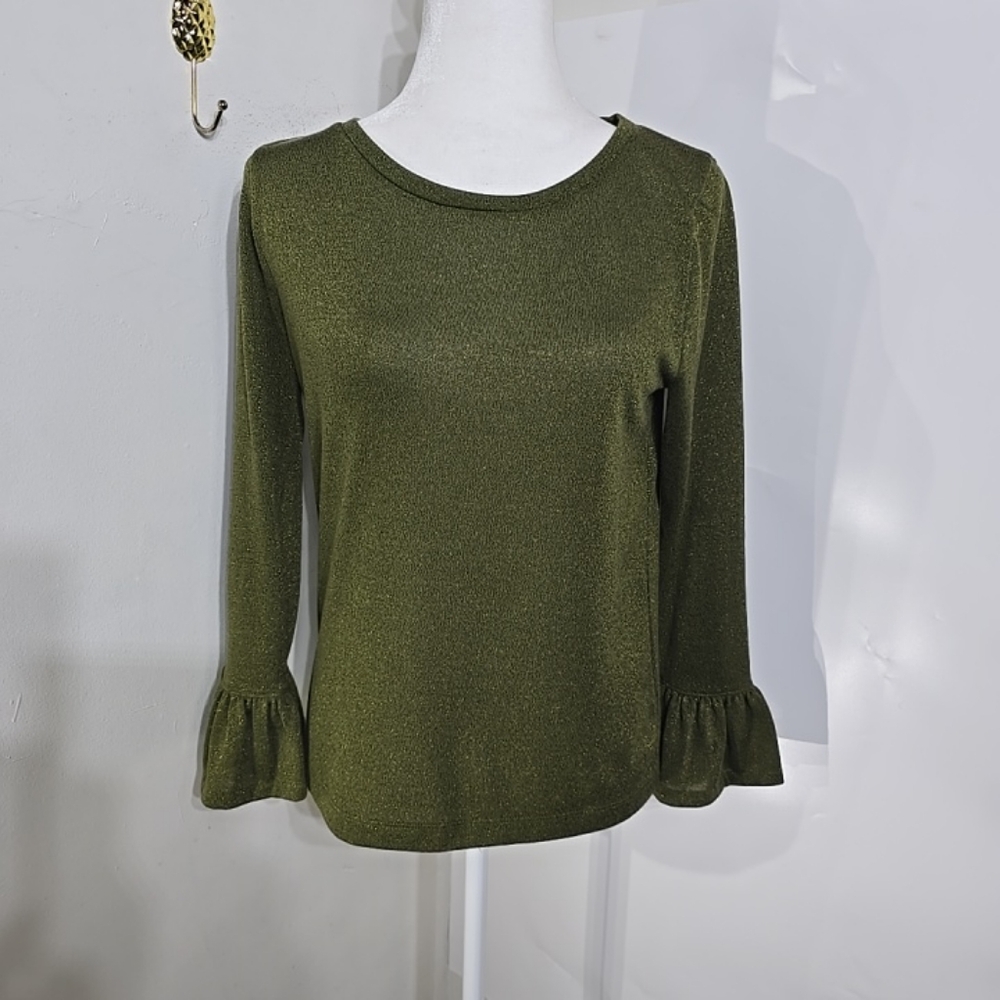 J Crew Womens Green Sparkle Gold Shimmer Bell Sleeve Blouse - Picture 1 of 7